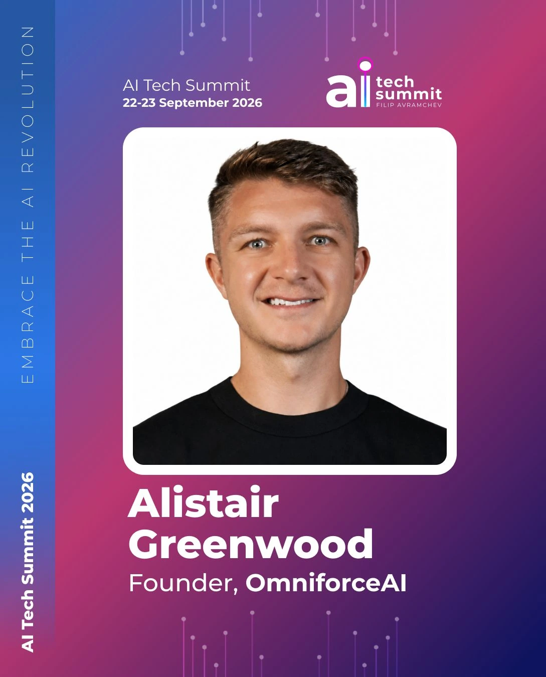Alistair Greenwood, keynote speaker at AI Tech Summit 2026 in Skopje, on the official speaker card